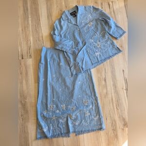 Vtg Women Sz PM Skirt Suit Set Linen Blend Blue Beaded Embroidered Fringe